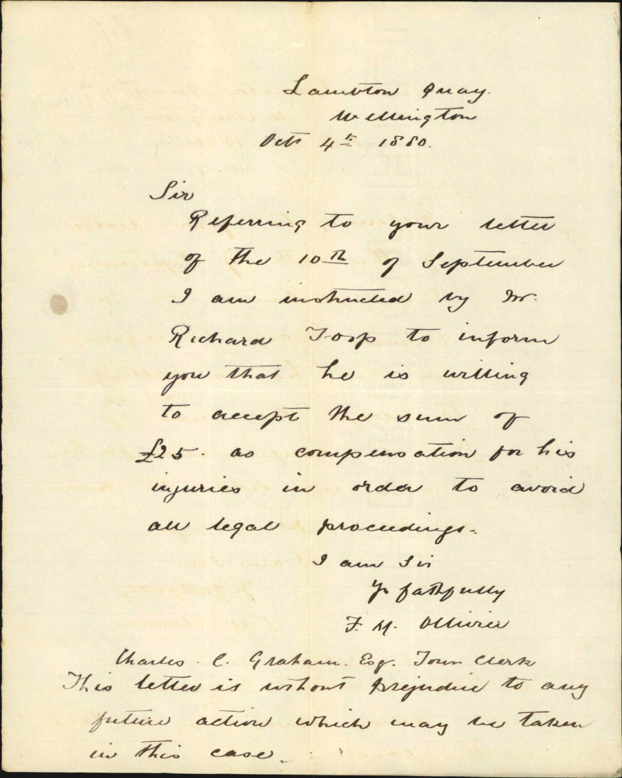 F M Ollivier, regarding Toop willing to accept &pound;25 in full of his claim