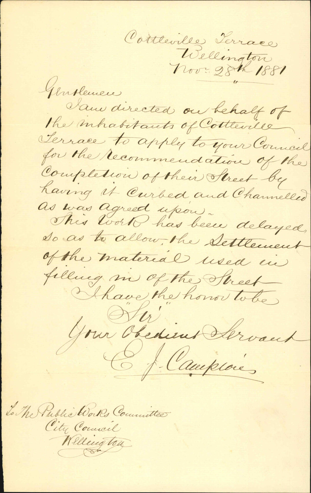 E J Campion, regarding completion of Cottleville Terrace