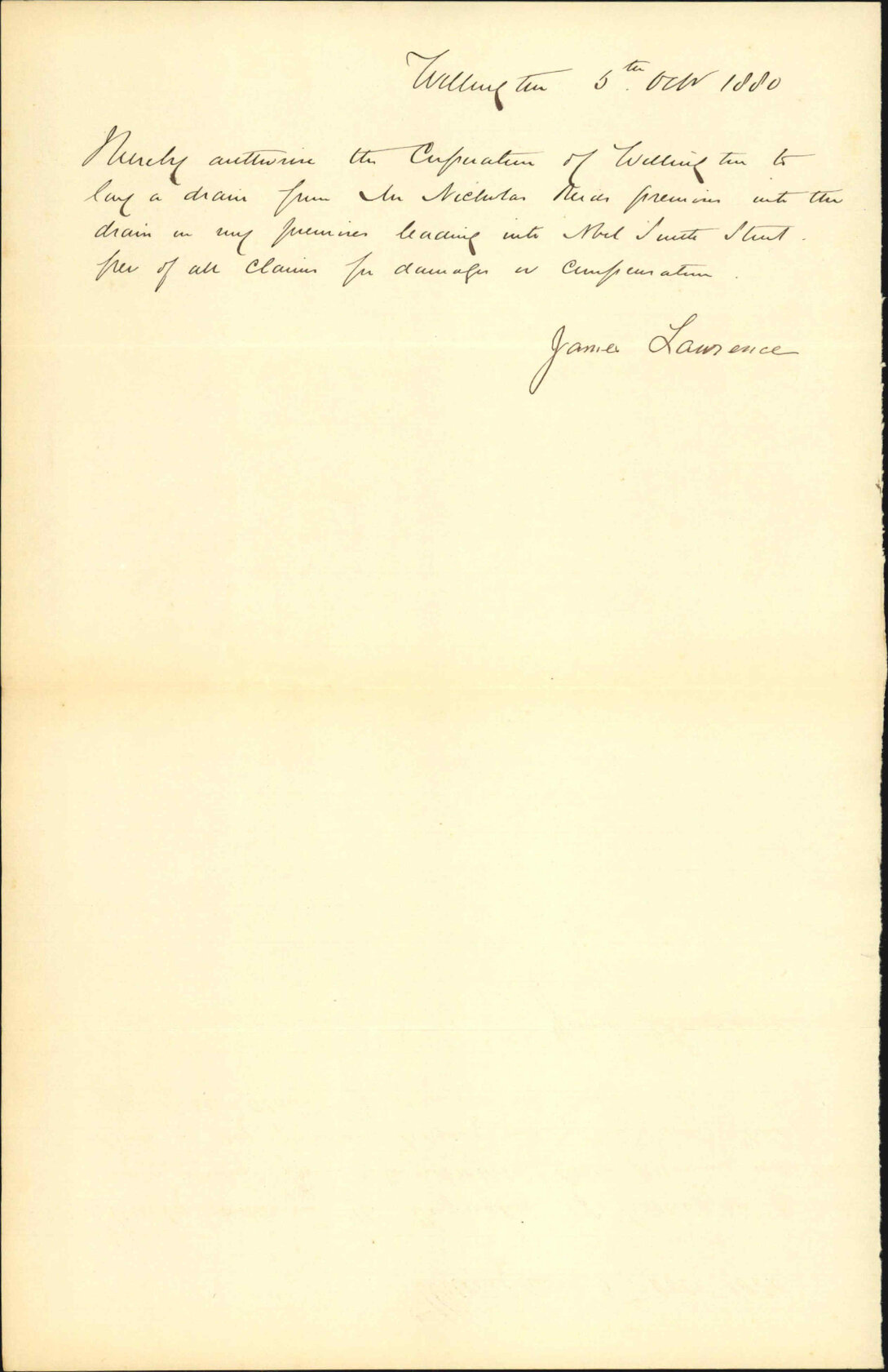 James Lawrence, granting consent to drain from N Reid's through to drain on his premises