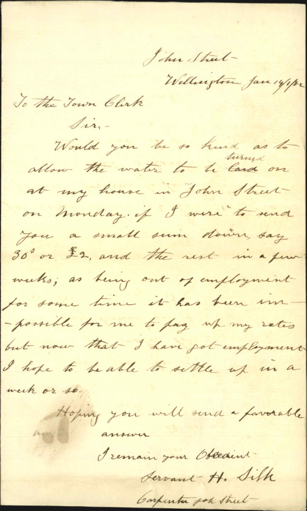 H Silk, application for water to be laid in anticipation of payment of rates