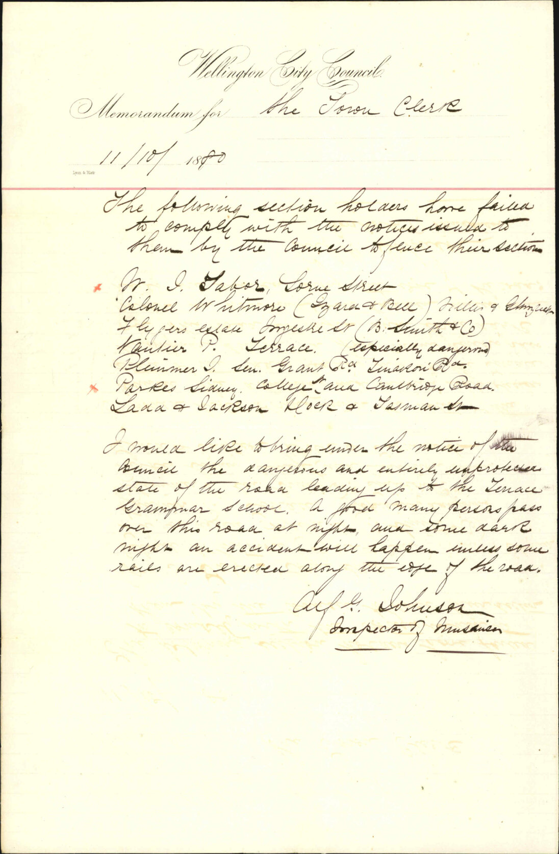 Inspector of Nuisances, regarding fencing notices unattended to