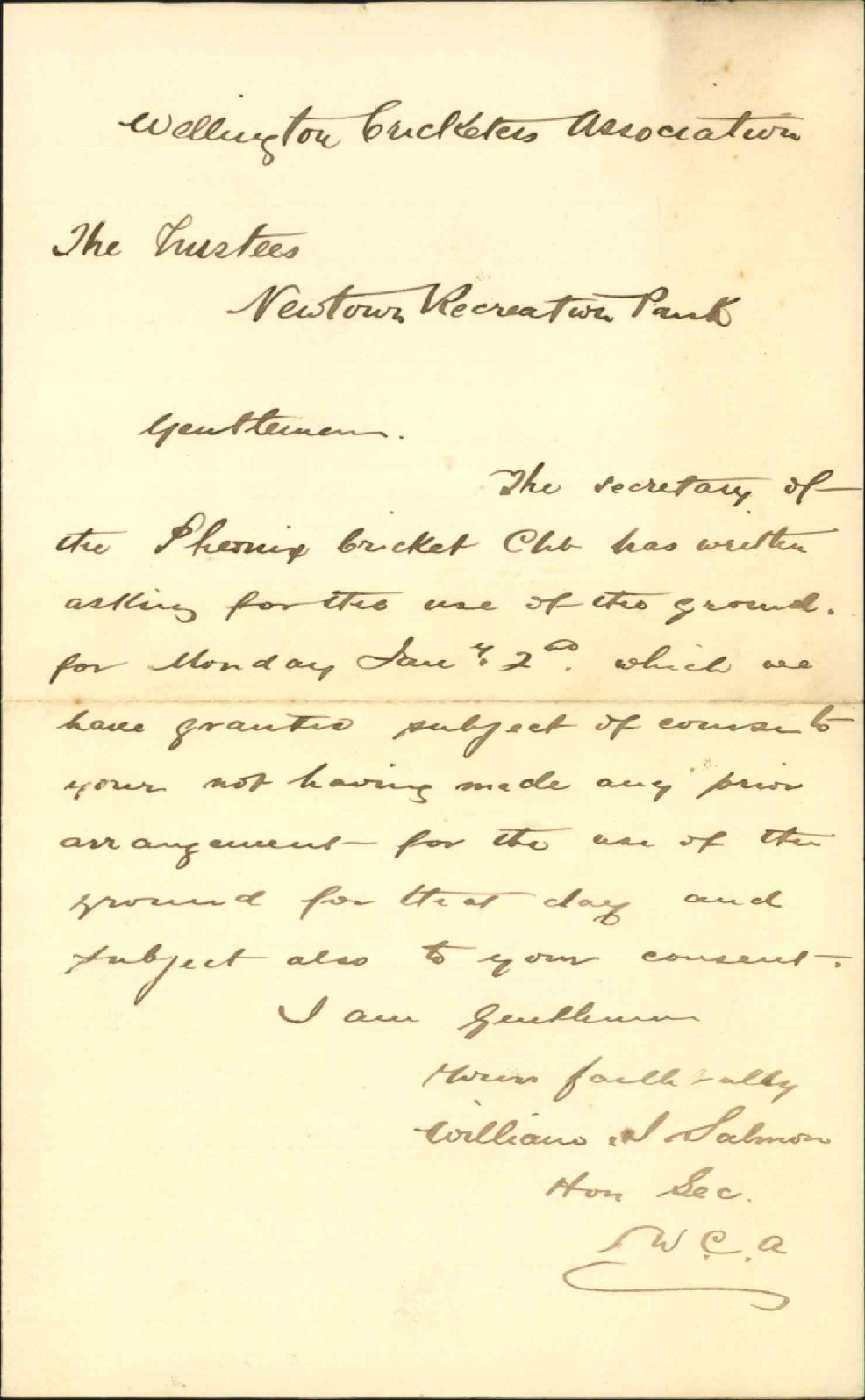 Cricketers Association, asking for Newtown Park on 2nd January