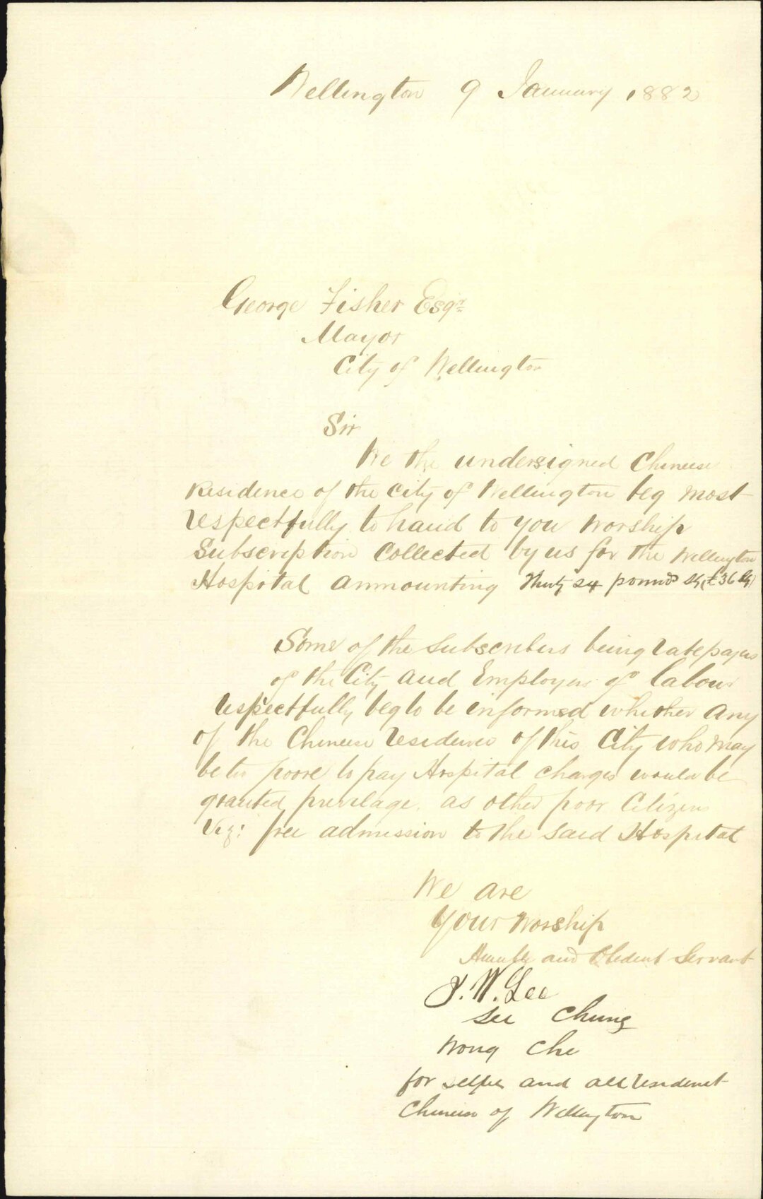 J W Lee and other Chinamen, with donation of &pound;36 for hospital funds