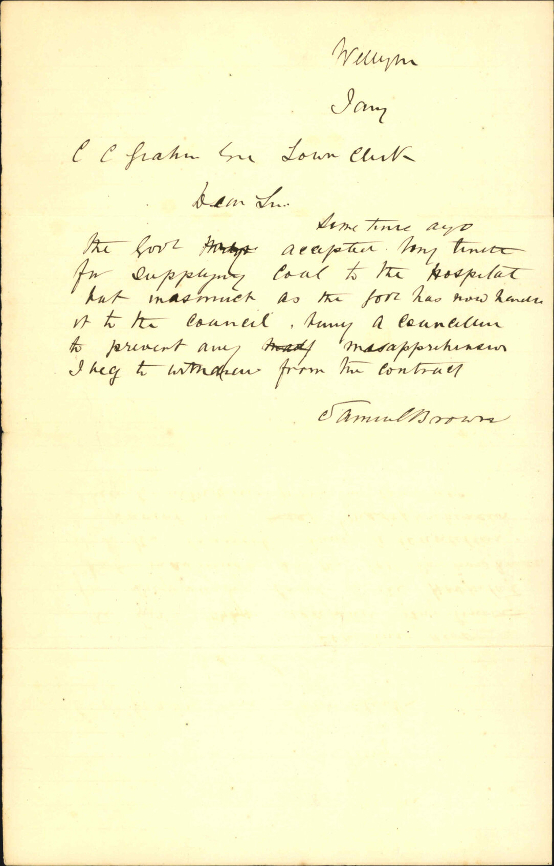 Samual Brown, withdrawing from contract for coal to the hospital