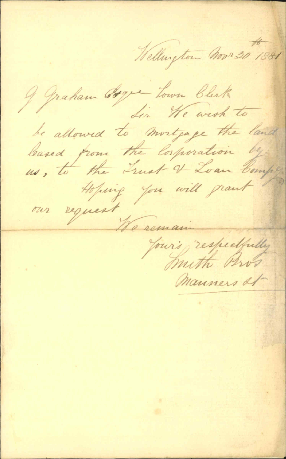 Smith Brothers, application for mortgage lease of Market Hall reserve