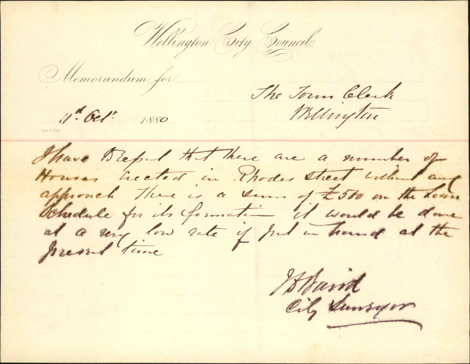 City Surveyor, regarding formation of Rhodes Street