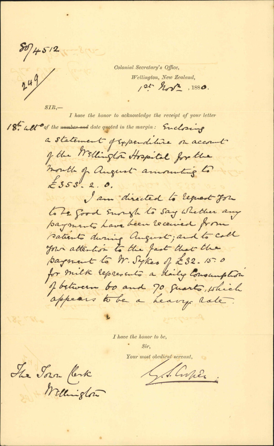 Colonial Secretary's Office, regarding Hospital accounts and expenditure in milk