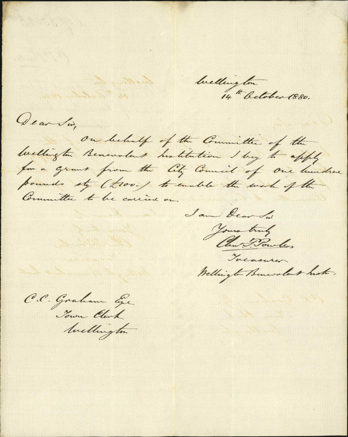 C P Powles, applying for grant &pound;100 in aid of Benevolent Institute