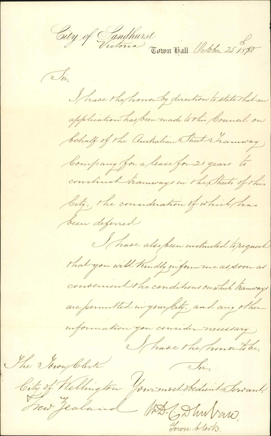 Town Clerk, Sandhurst, regarding asking for information regarding City Tramways