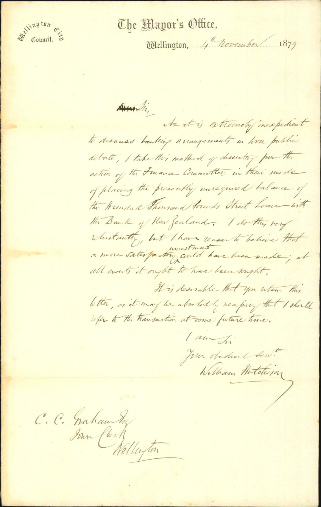 Mayor of Wellington, regarding arrangements with Bank of New Zealand