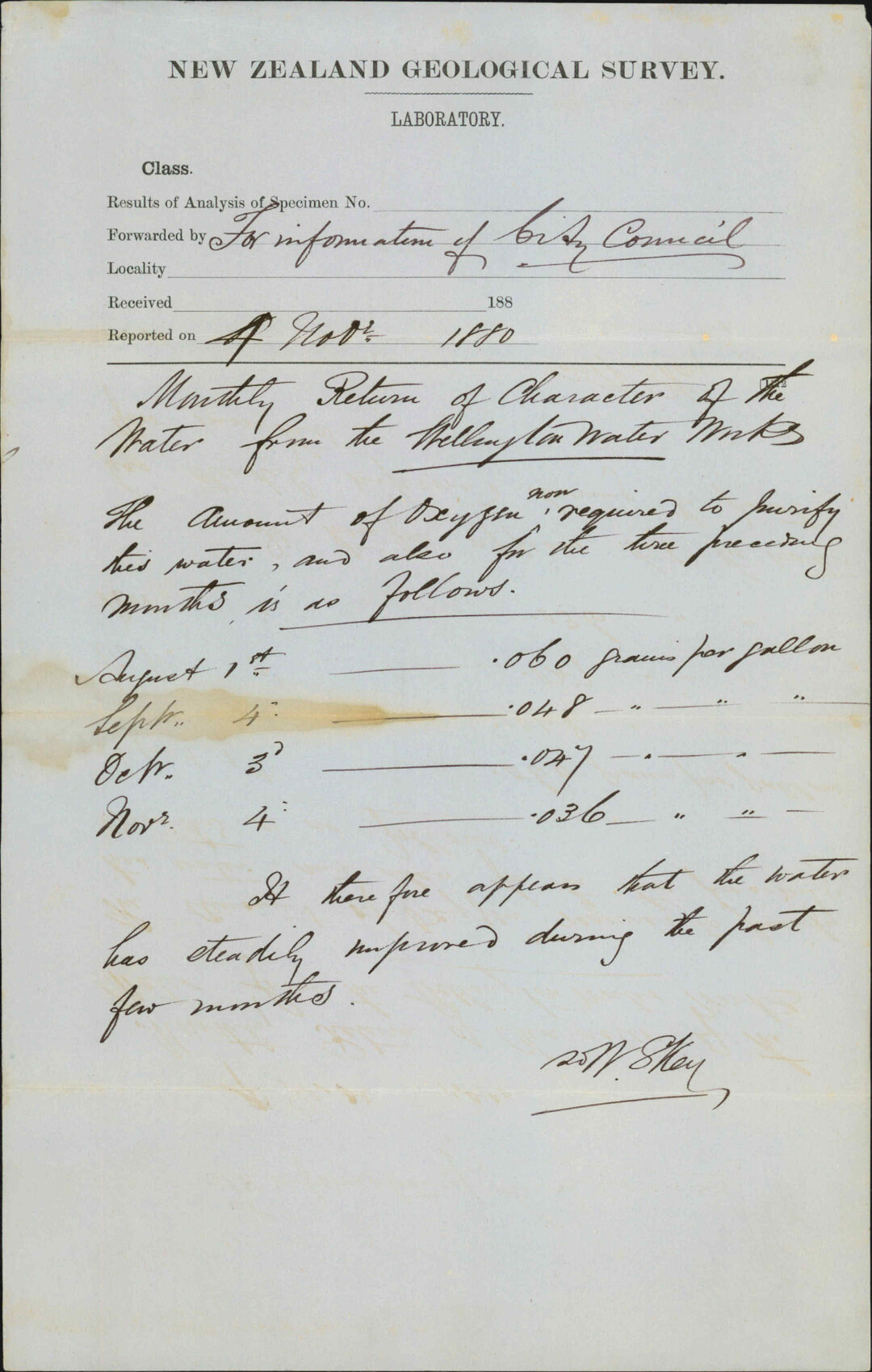 Colonial Museum, report as to analysis of water supply
