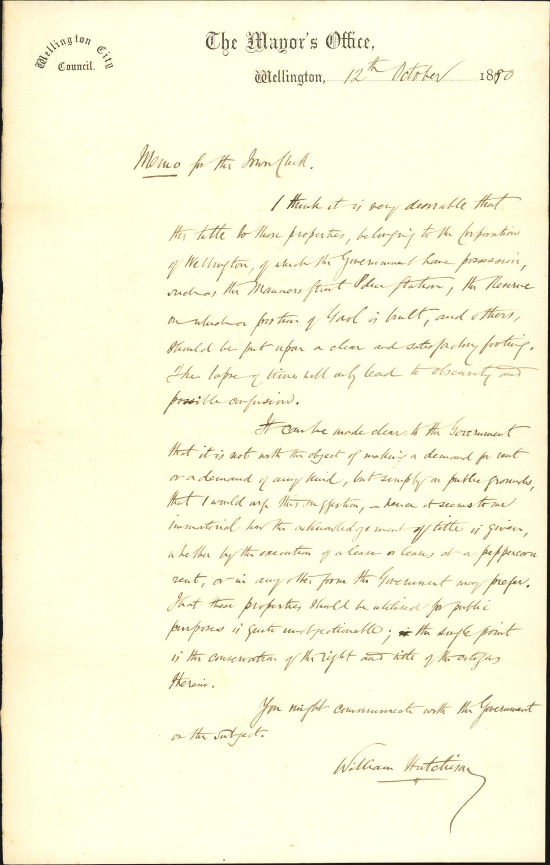 The Mayor (William Hutchison), regarding portion of Corporation reserves occupied by Government