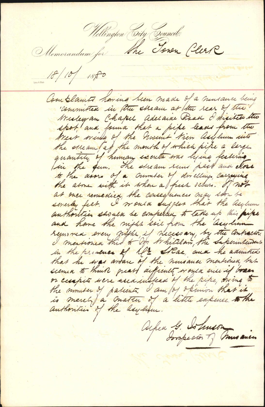 Inspector of Nuisances, regarding offensive drain from lunatic asylum