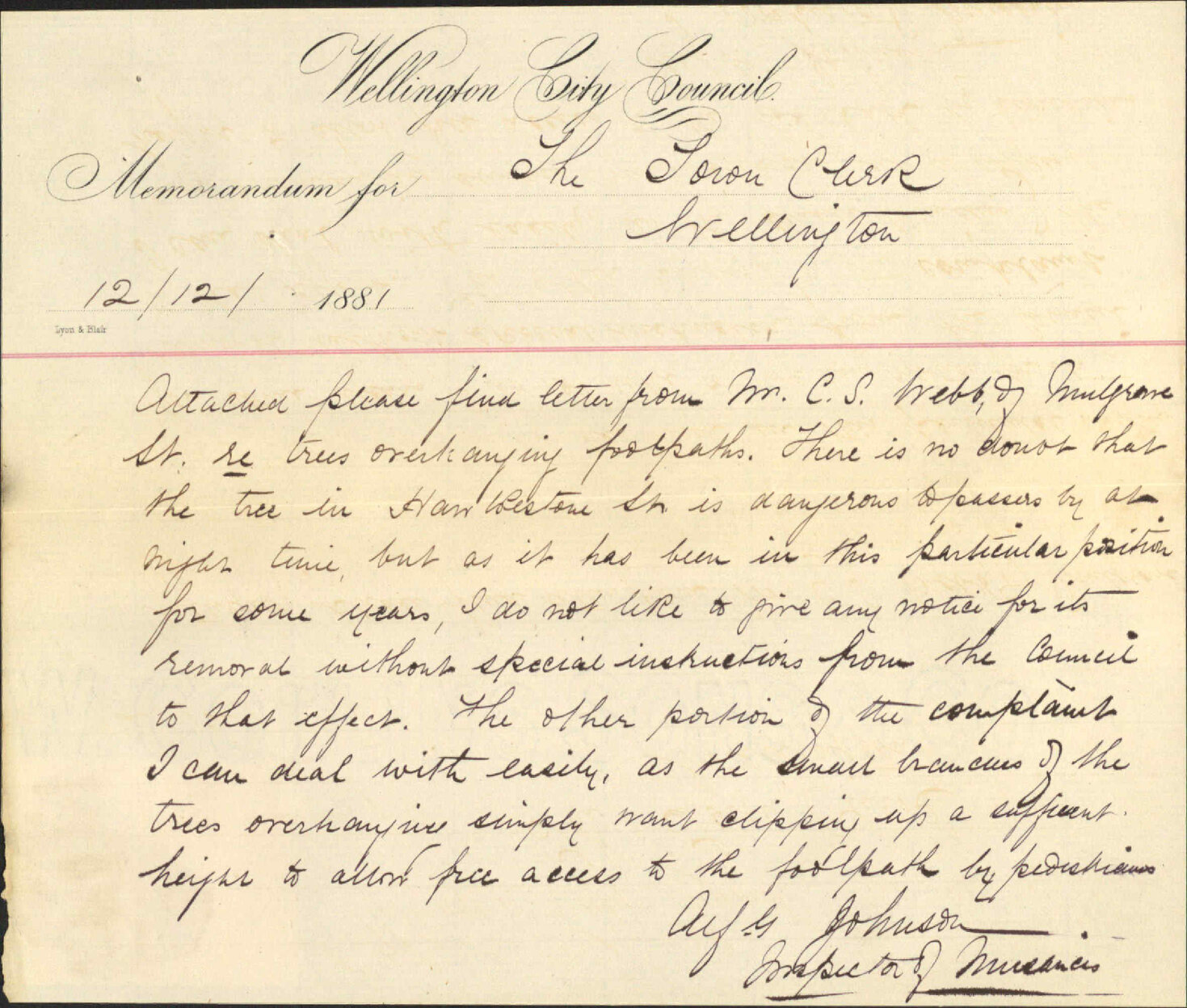 Inspector of Nuisances, regarding nuisance caused by overhanging trees