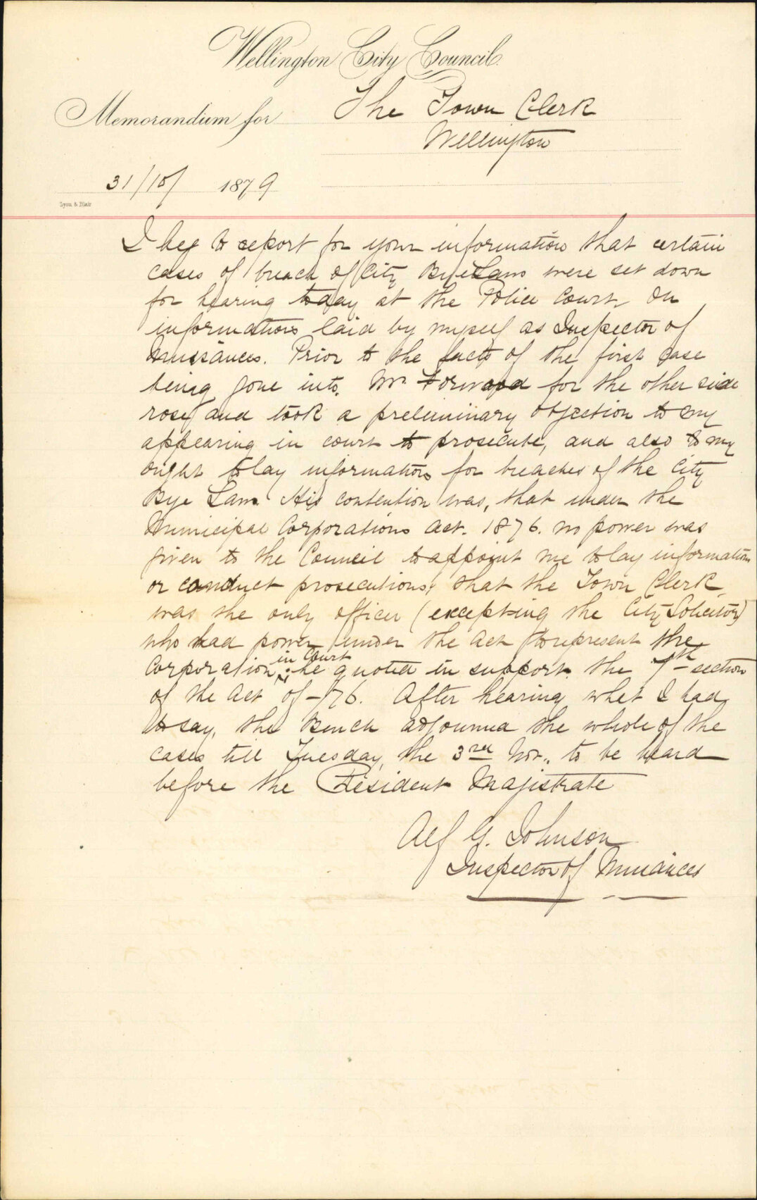 Inspector of Nuisances, report as to objection to his acting in court