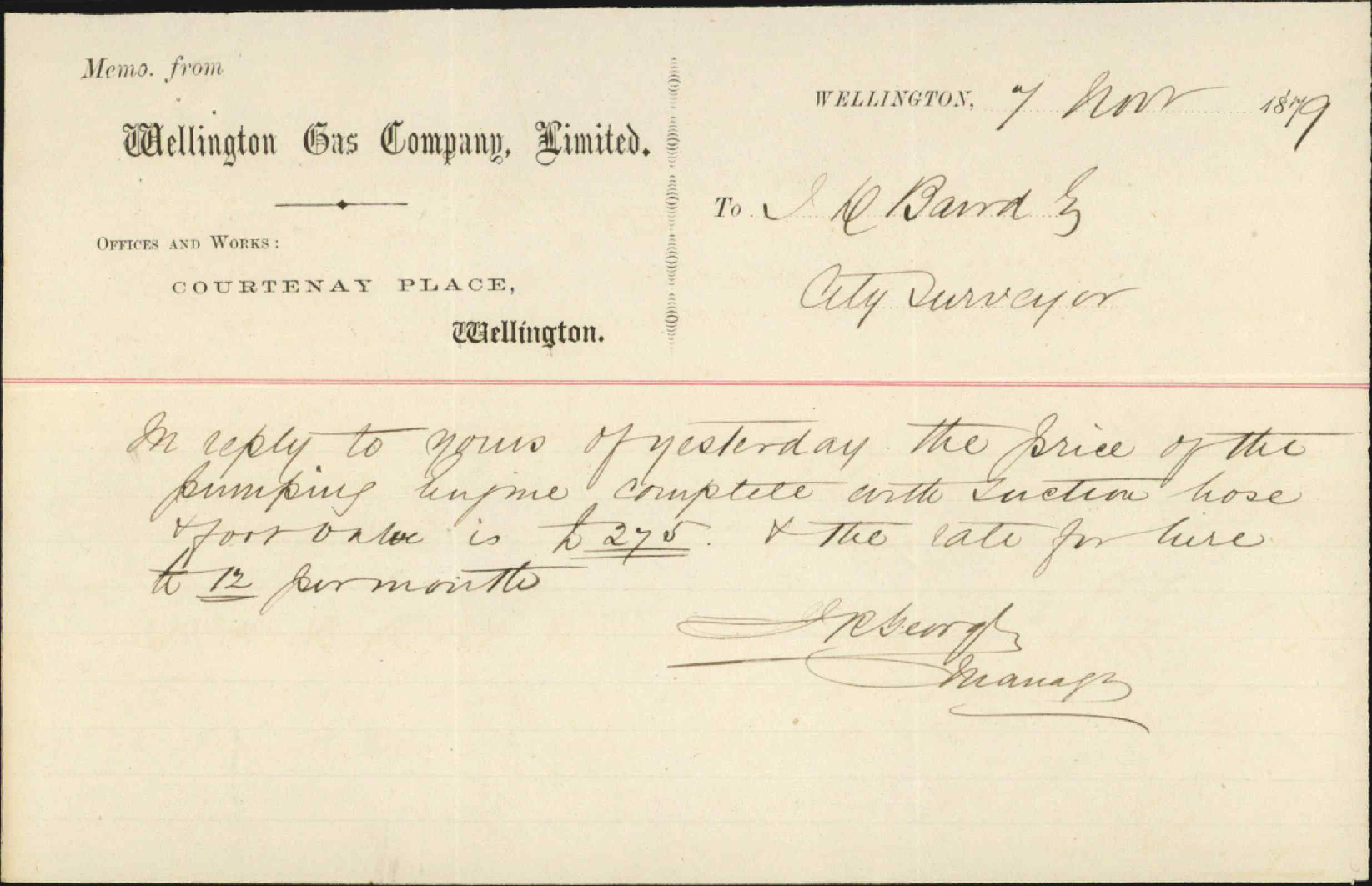 City Surveyor, report on shed watering and steam engine and pump