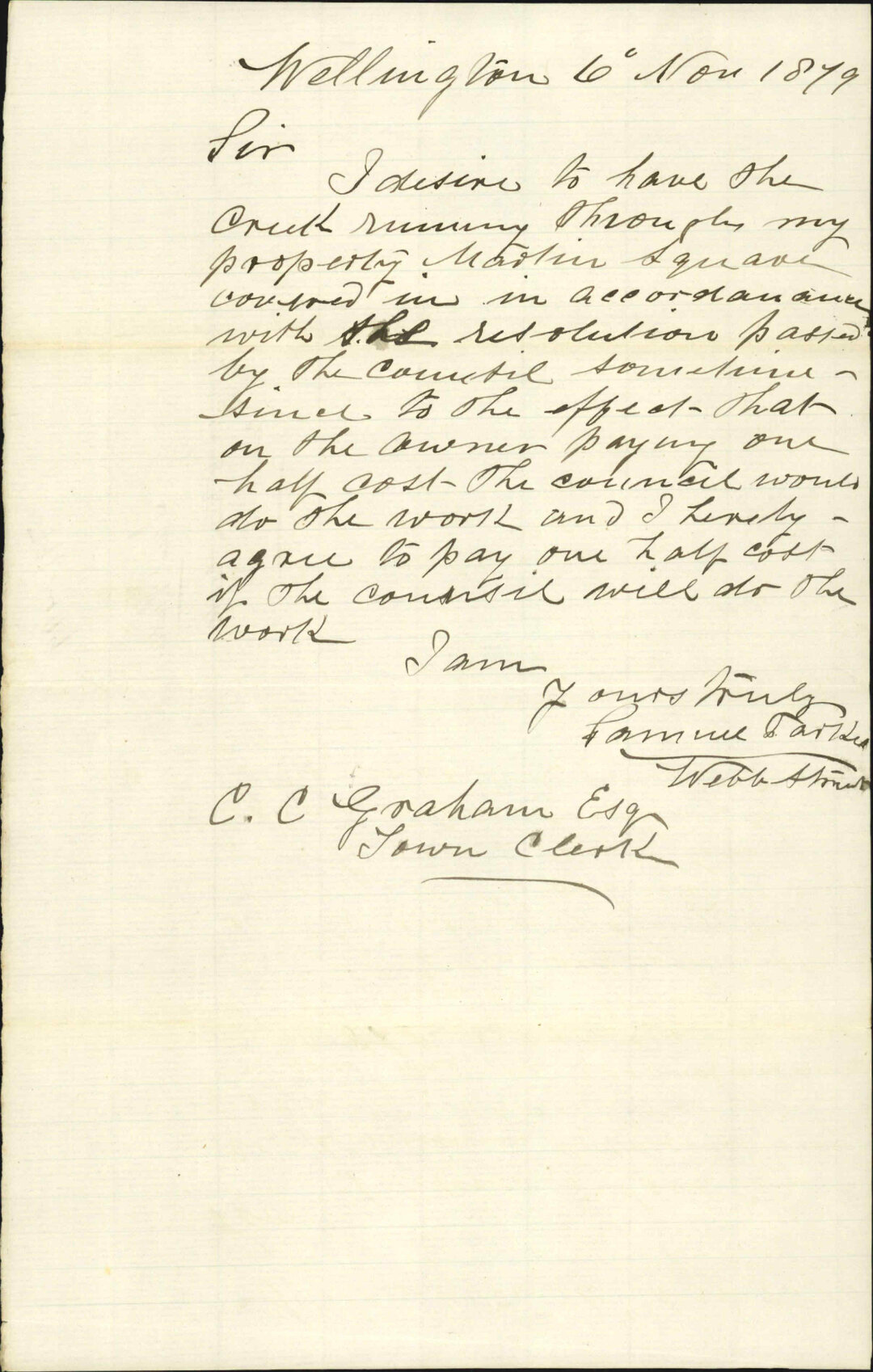 Samuel Parker, application to have creek covered in