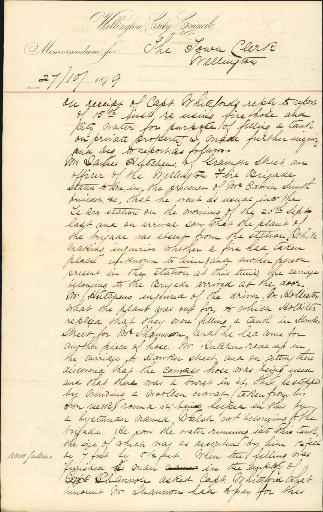 Re illegal use of water by Captain Whiteford of the Fire Brigade - Inspector of Nuisances