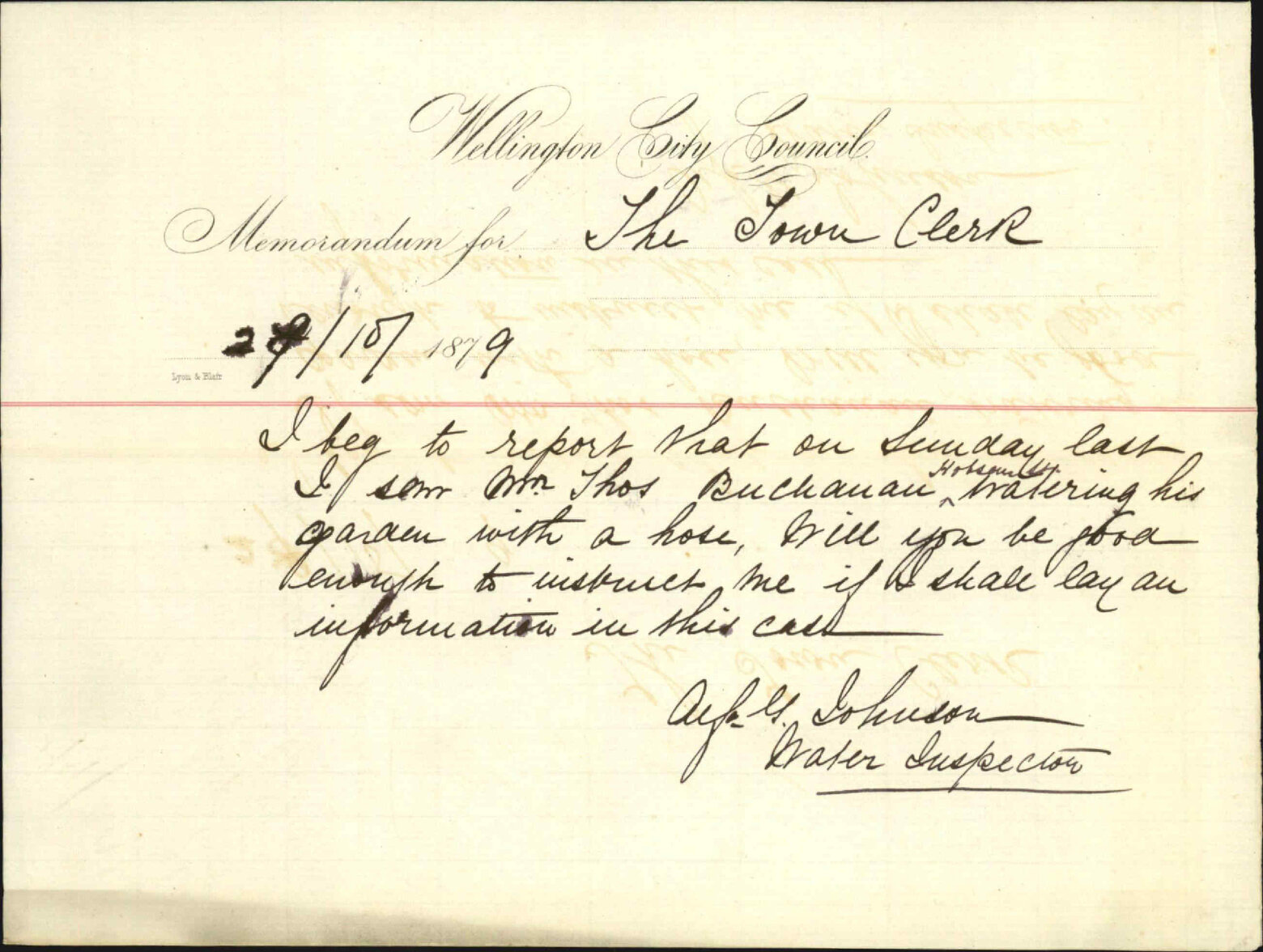 Re watering of garden by Mrs Buchanan - Water Inspector
