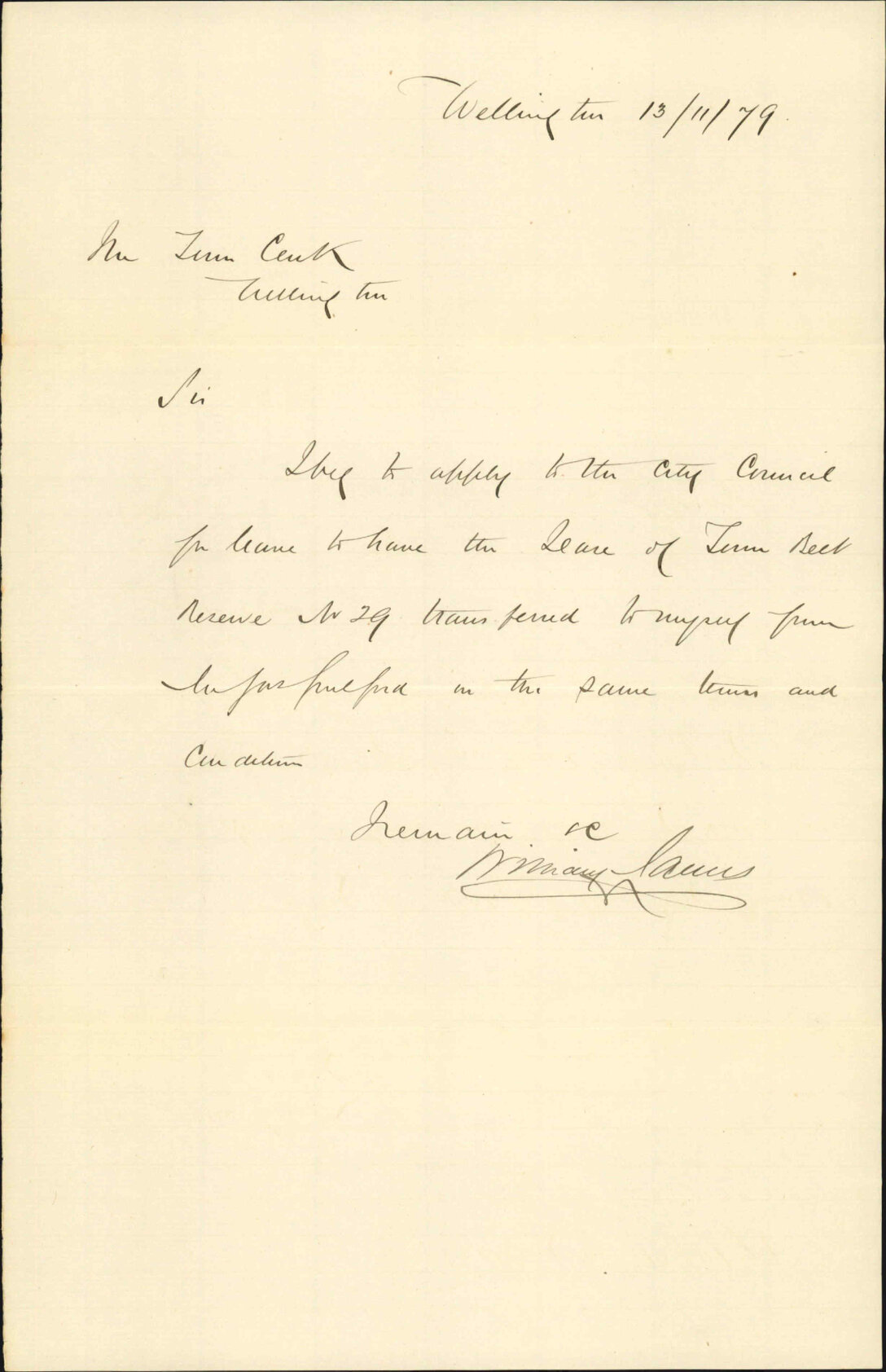 William James, asking for transfer of lease of Town Belt No 29