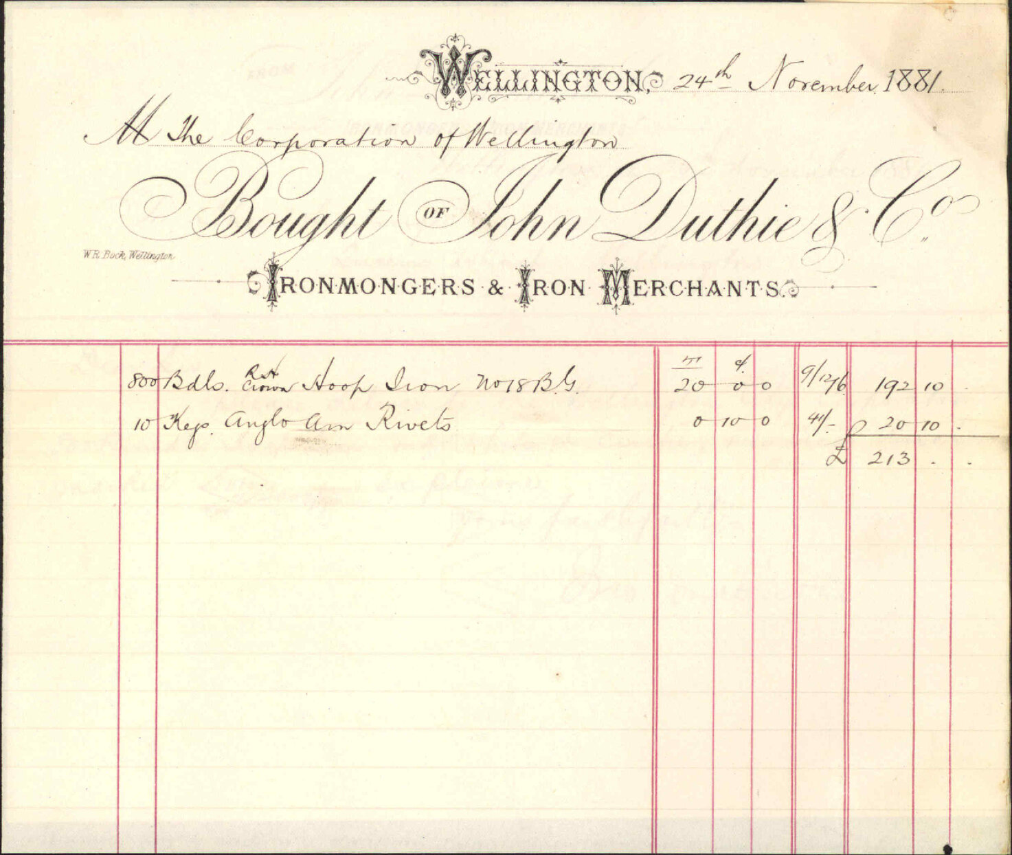 J Duthie and Co, regarding hoop iron for wharf