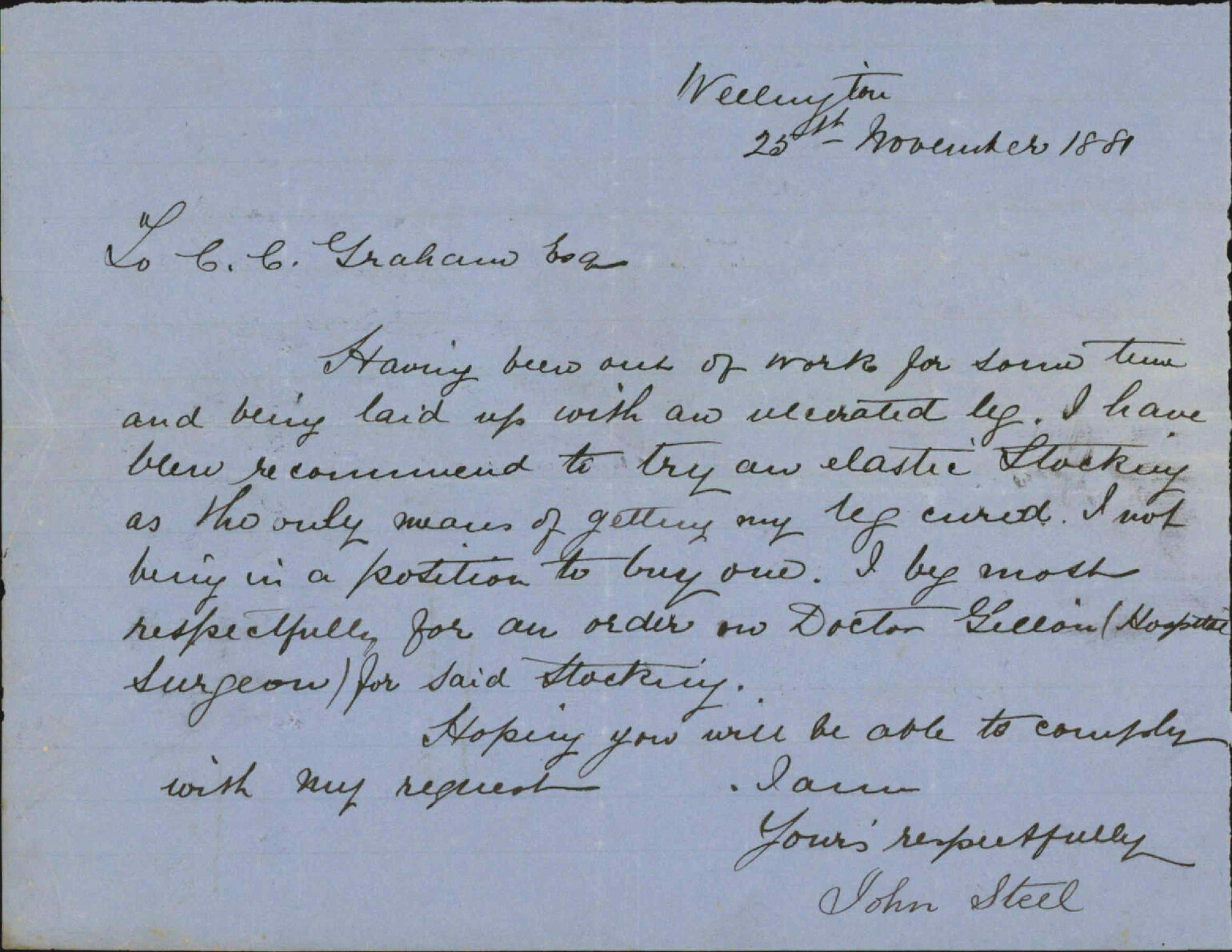 John Steel, application for elastic stocking