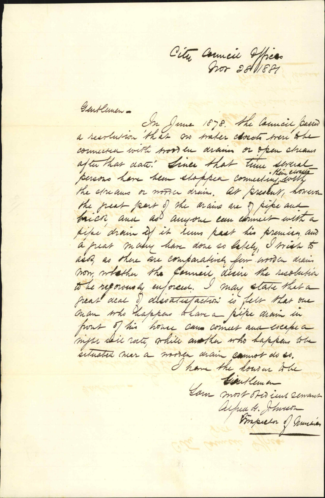 Inspector of Nuisances, regarding connection of WC with wooden drain