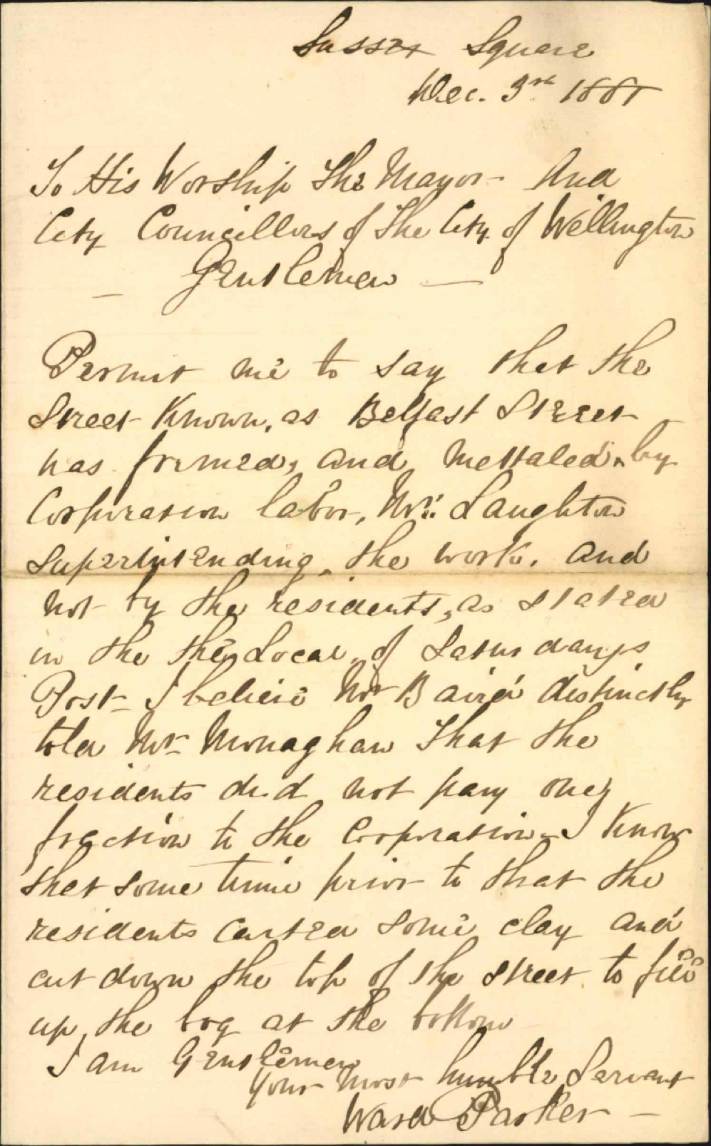 Ward Parker, regarding formation etc, of Belfast Street