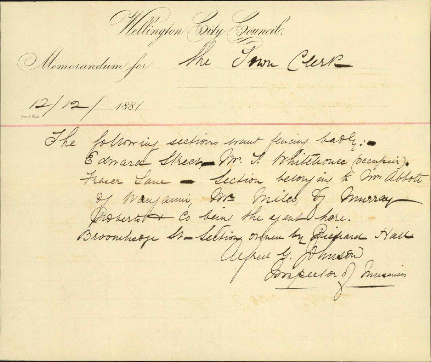 Inspector of Nuisances, regarding sundry fencing notices