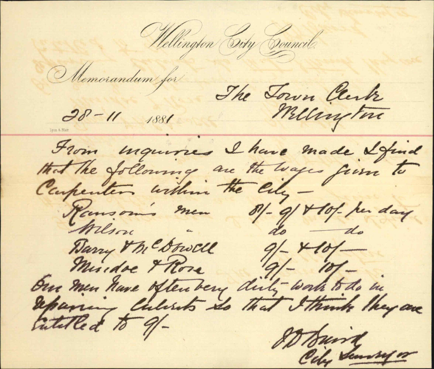 City Surveyor, regarding rates of Carpenter's wages