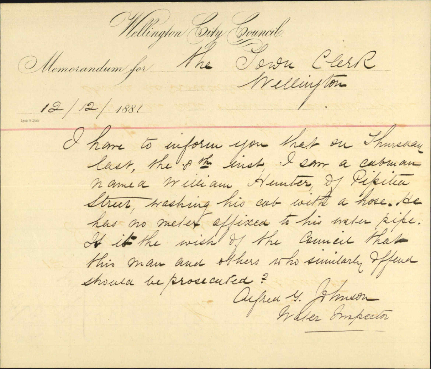Inspector of Nuisances, regarding waste of water and laying improvements