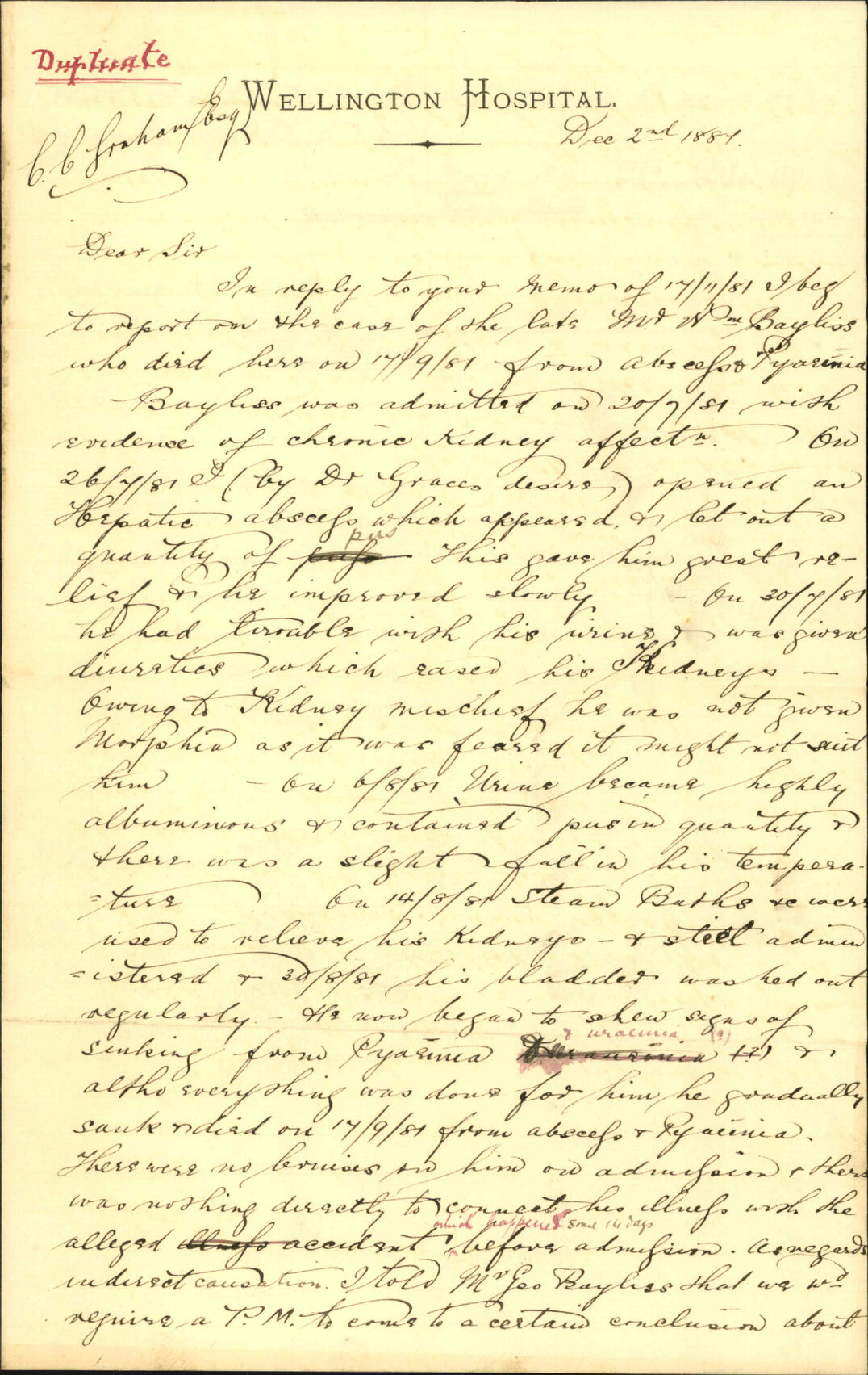 Resident Surgeon Hospital, report in case of William Baylis died in hospital with Dr Grace's opinion