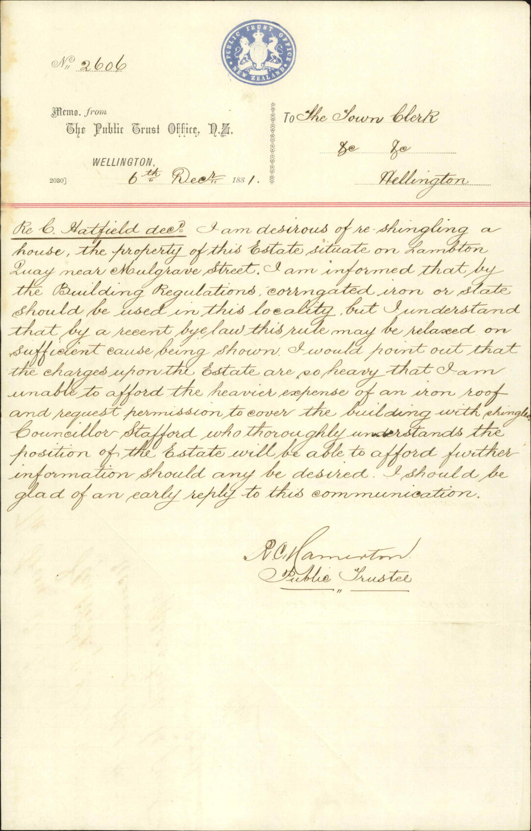 Public Trust Office, regarding alterations in Building regulations Hatfield's estate