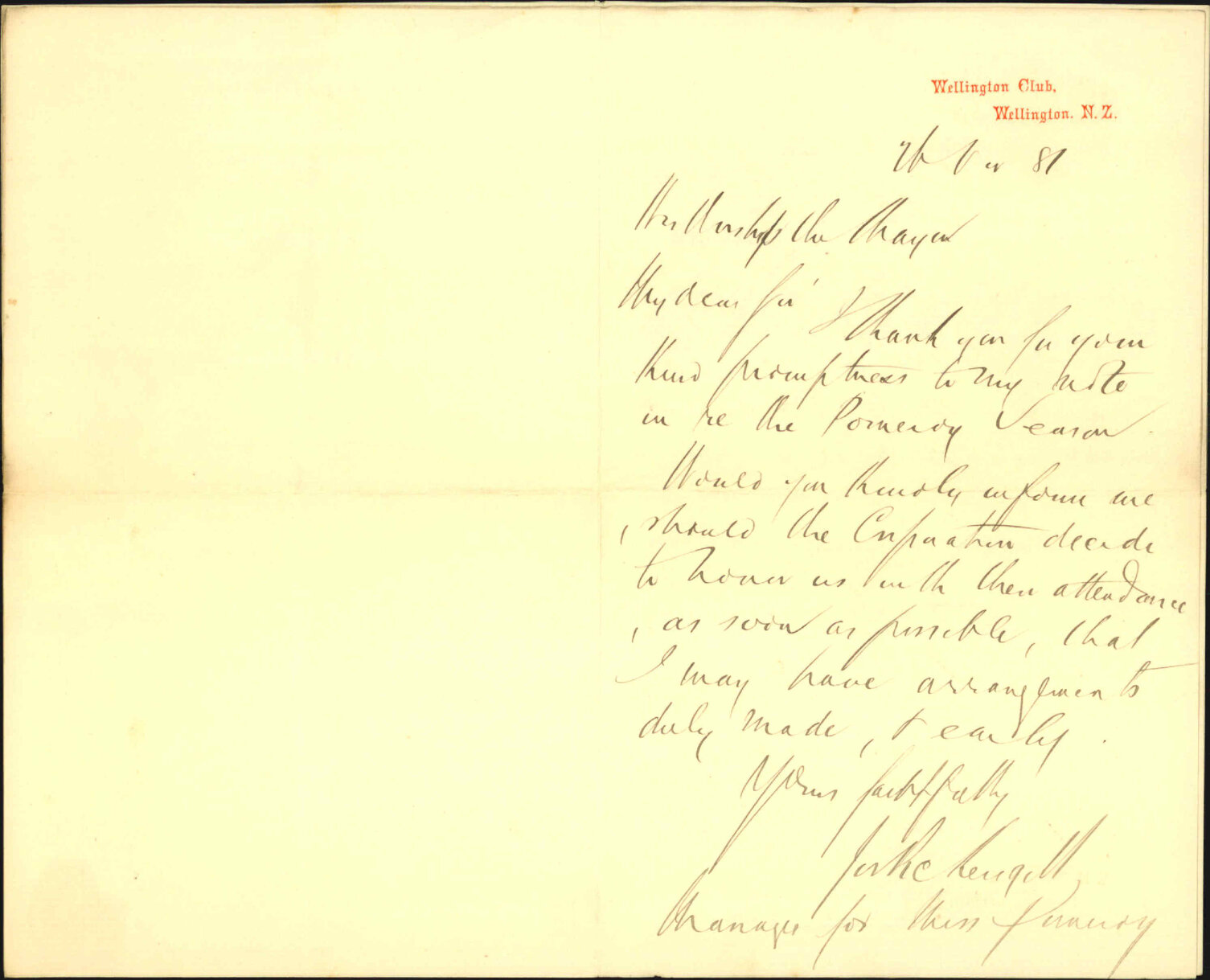 Joseph Pickersgell, application for patronage of Council to Miss Pomeroy