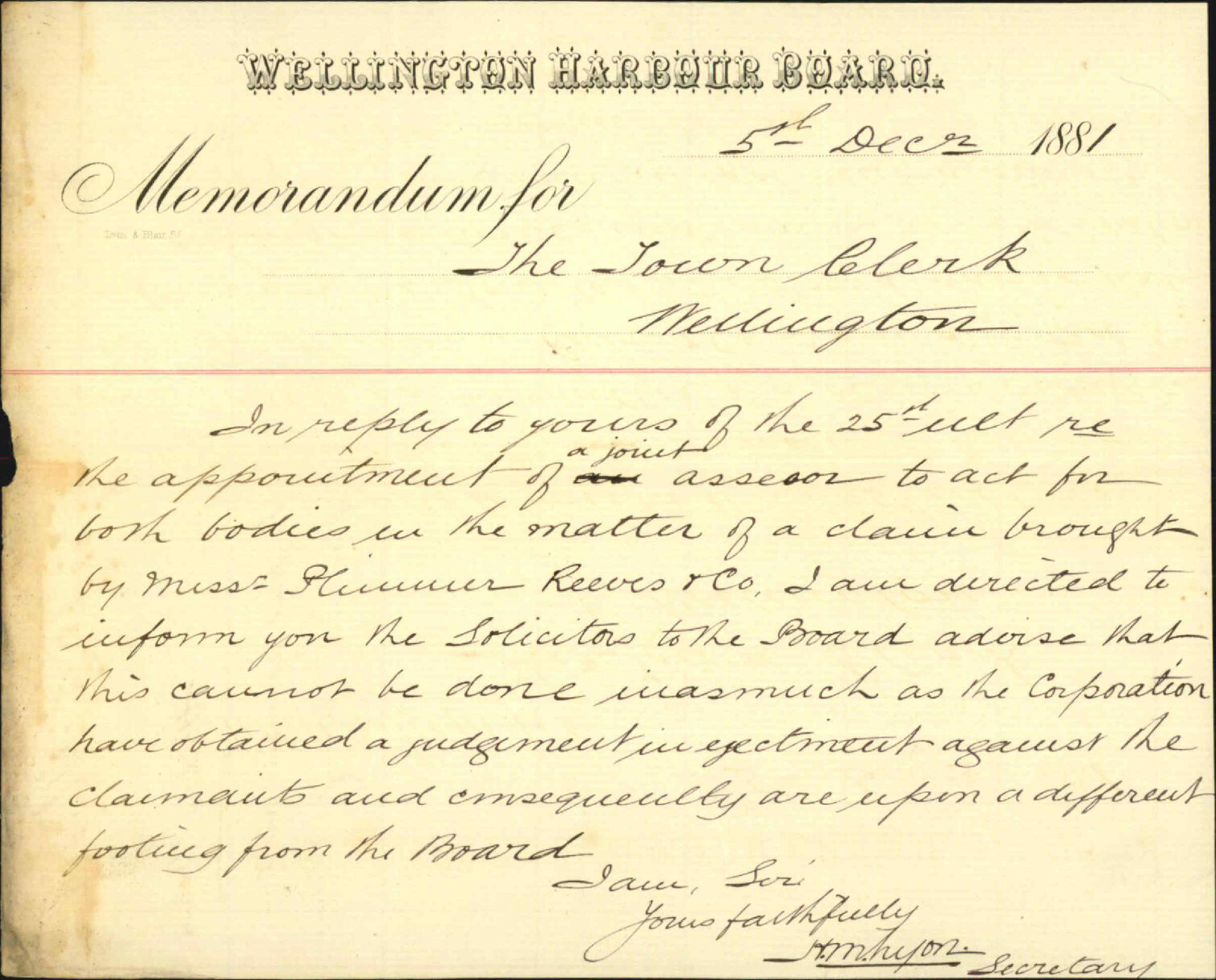 Wellington Harbour Board, regarding joint assessor in case Plimmers Wharf claim
