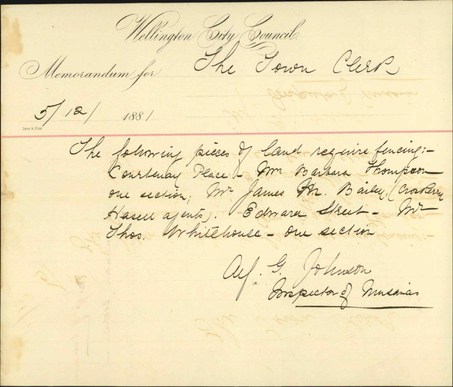 Inspector of Nuisances, regarding unfenced section in Courtenay Place and Edward Street