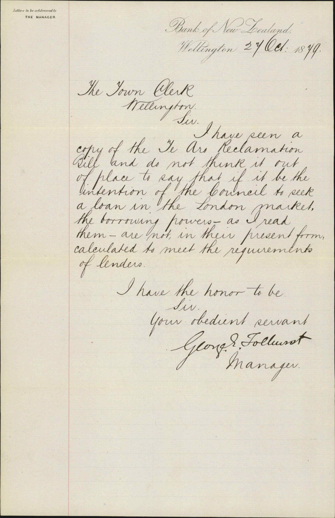 Re Council's intention to raise a loan to pay for land reclamation - George [?], Manager, Bank of New Zealand [BNZ]