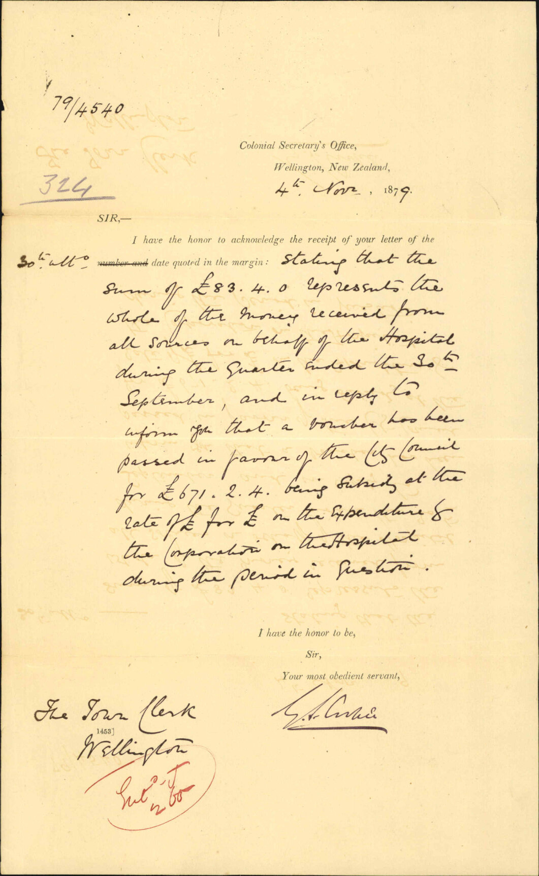 Colonial Secretary, arriving payment of Hospital subsidy