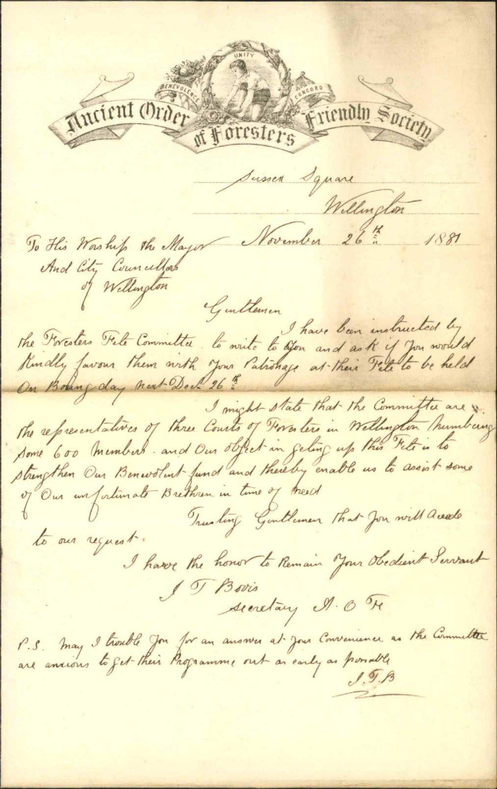 Ancient Order of Foresters, application for patronage of council at Boxing Day f&ecirc;te [fete]