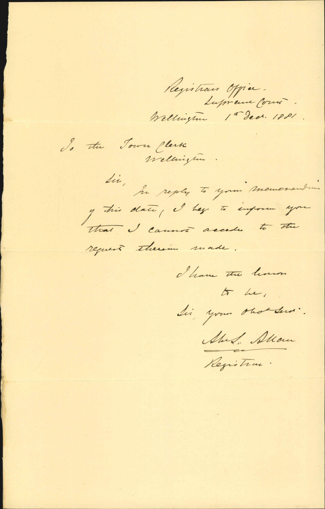 A S Allan, declining to attend the City Solicitor's committee