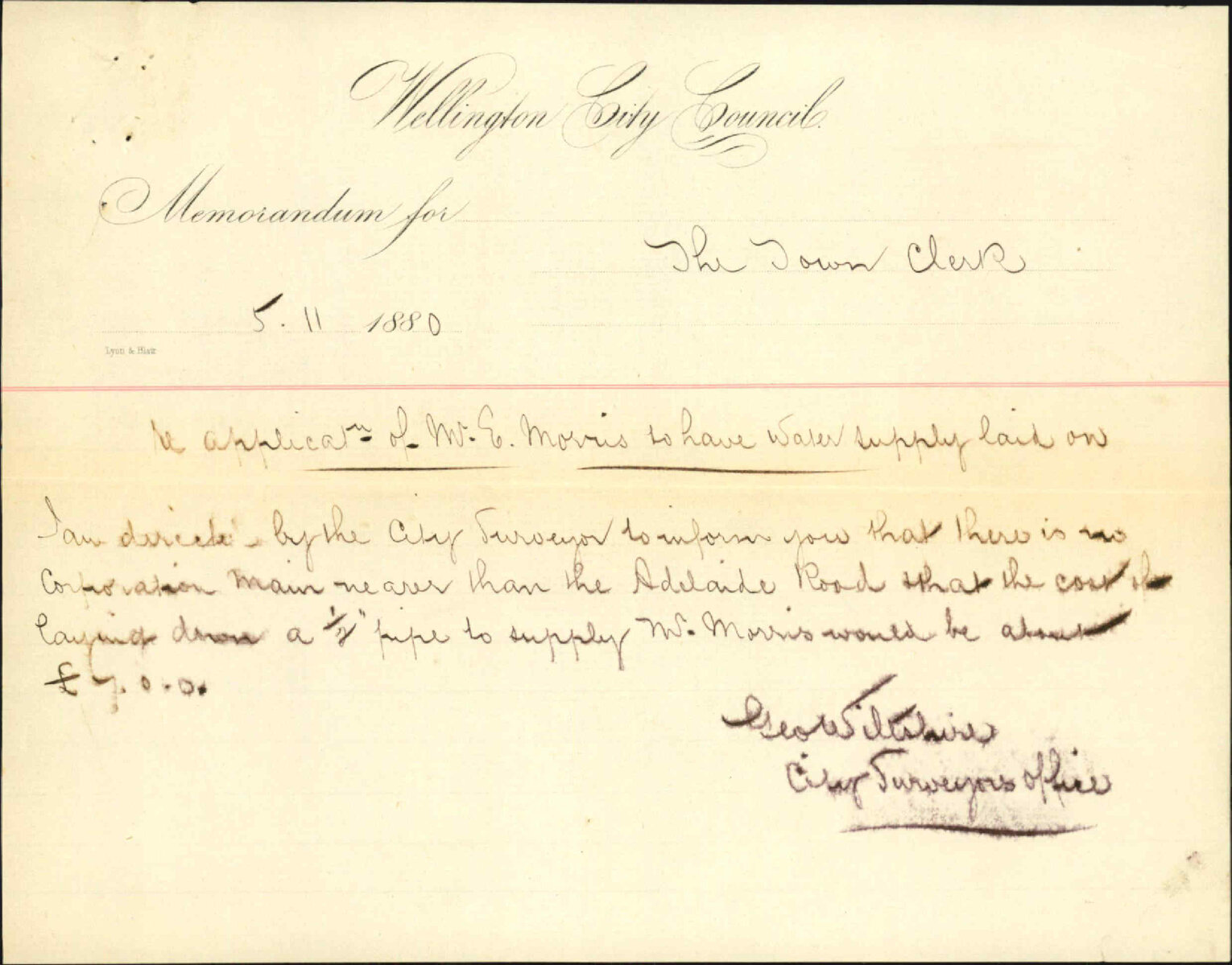 E Morris, application for water service