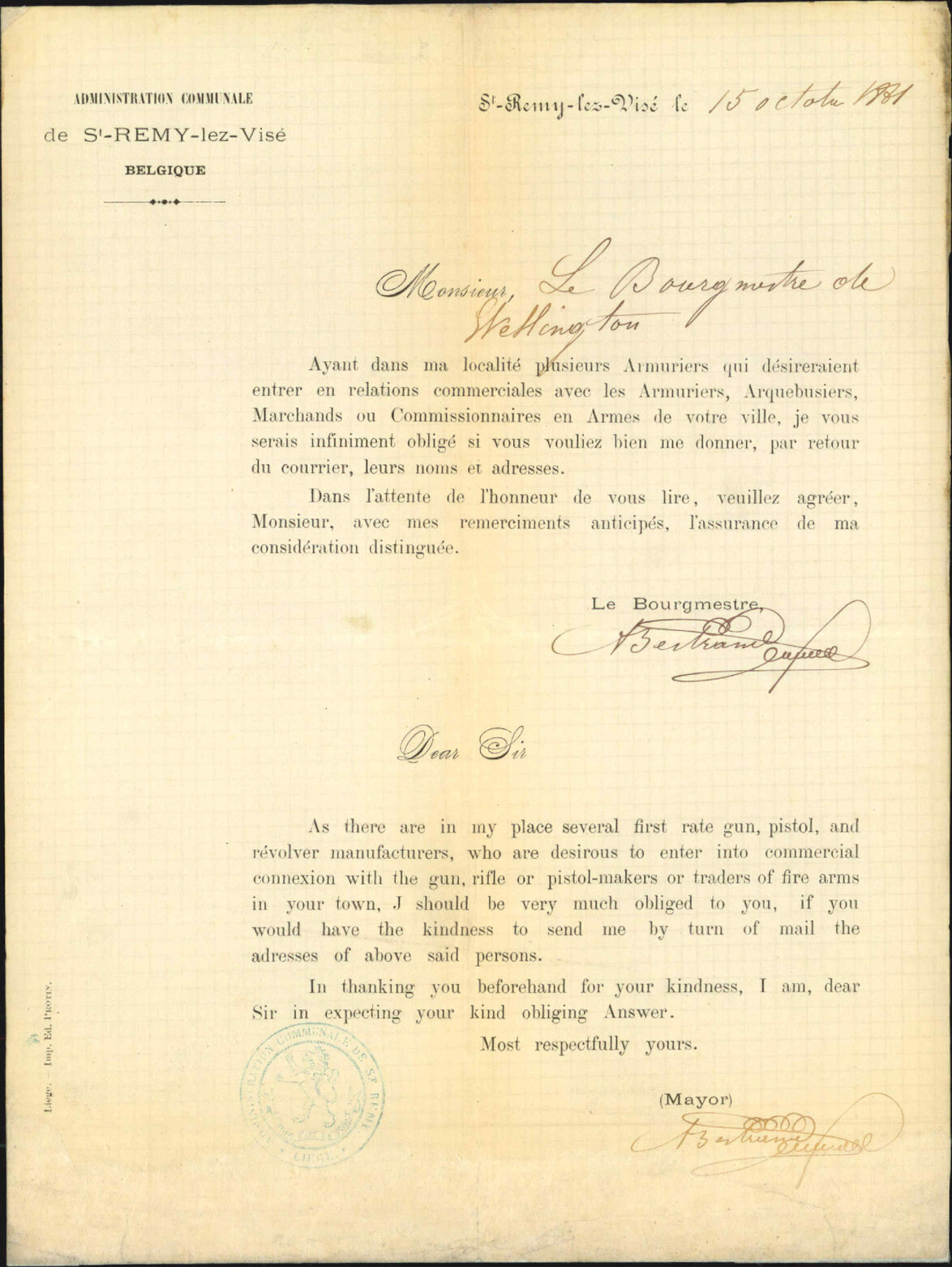 Bourgmestre [Mayor] of St Remy lez Vis&eacute;, asking information on the gun trade in Wellington