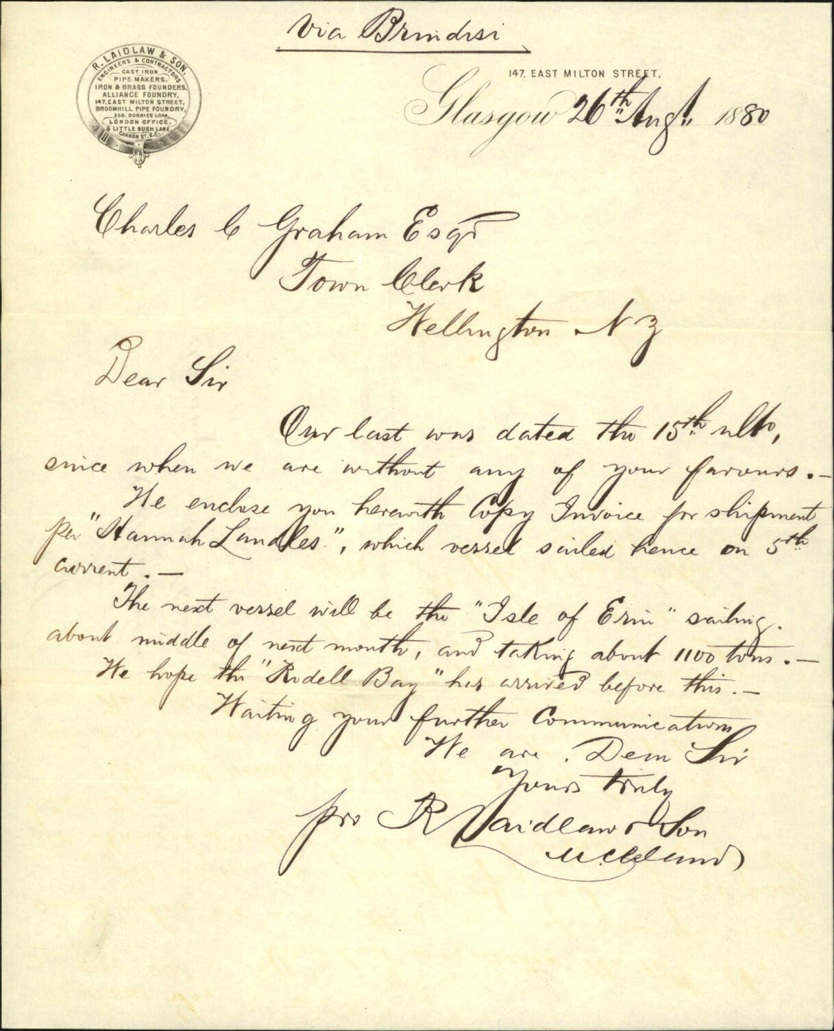 R Laidlaw and Son, advising further shipment of pipes