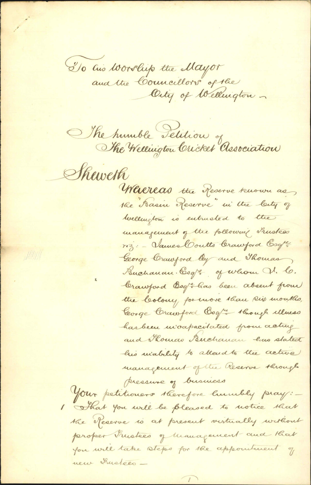 Cricketers Association, petition for grant in aid and appointment of new trustees to Basin Reserve