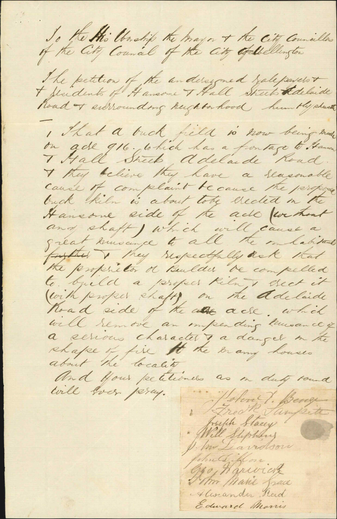 John Benge and others, petition regarding erection of brick kiln in Adelaide Road