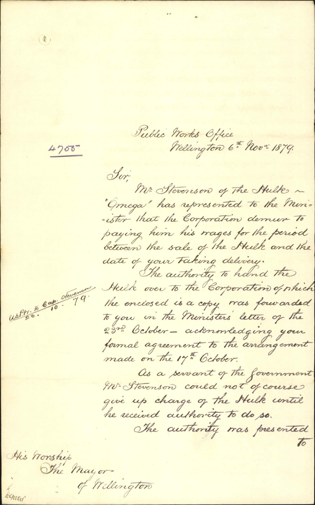 Public works, regarding Captain Stevenson's claim of salary