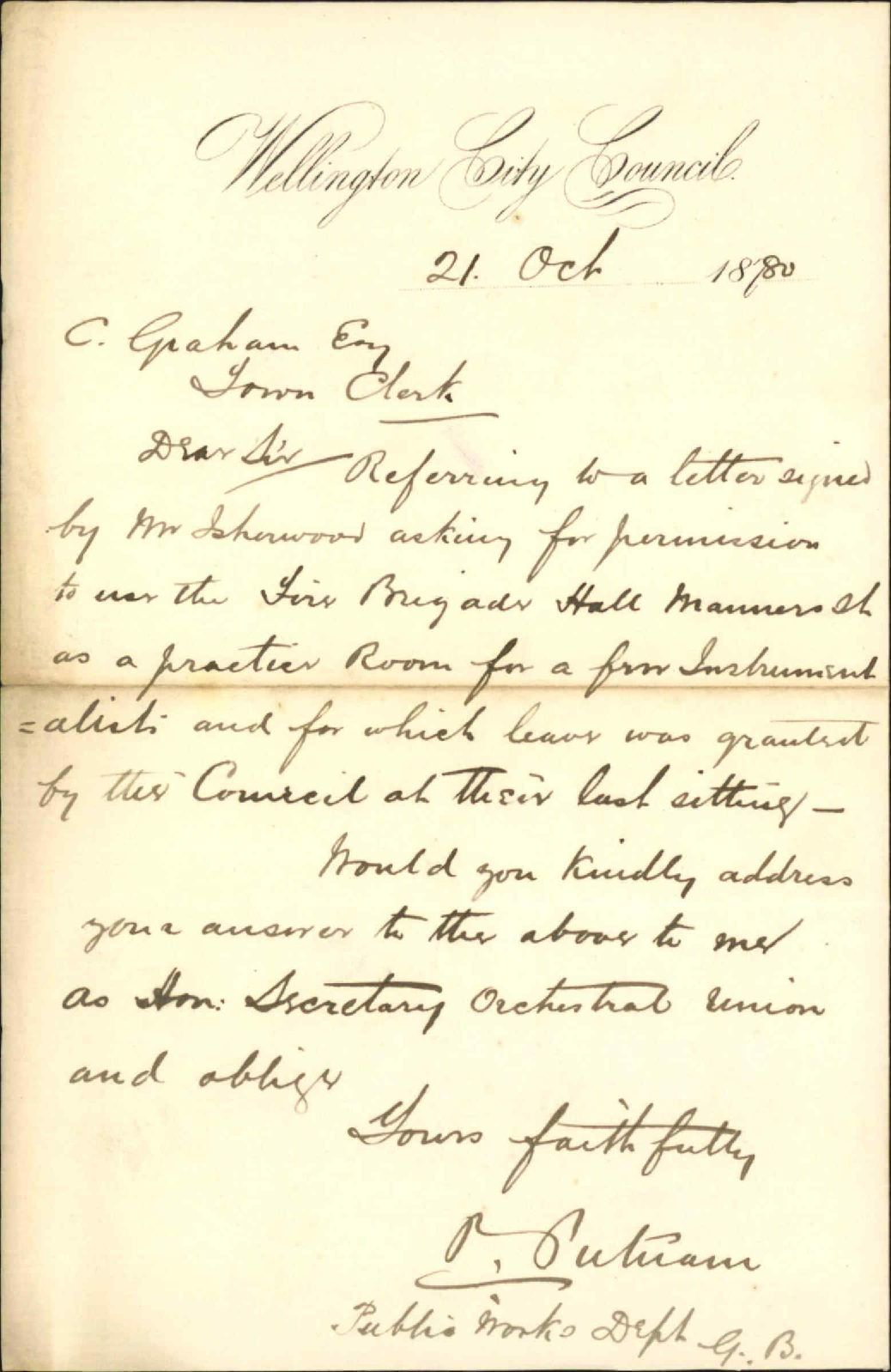 Orchestral Union, regarding application for use of Fire Brigade hall Manners Street
