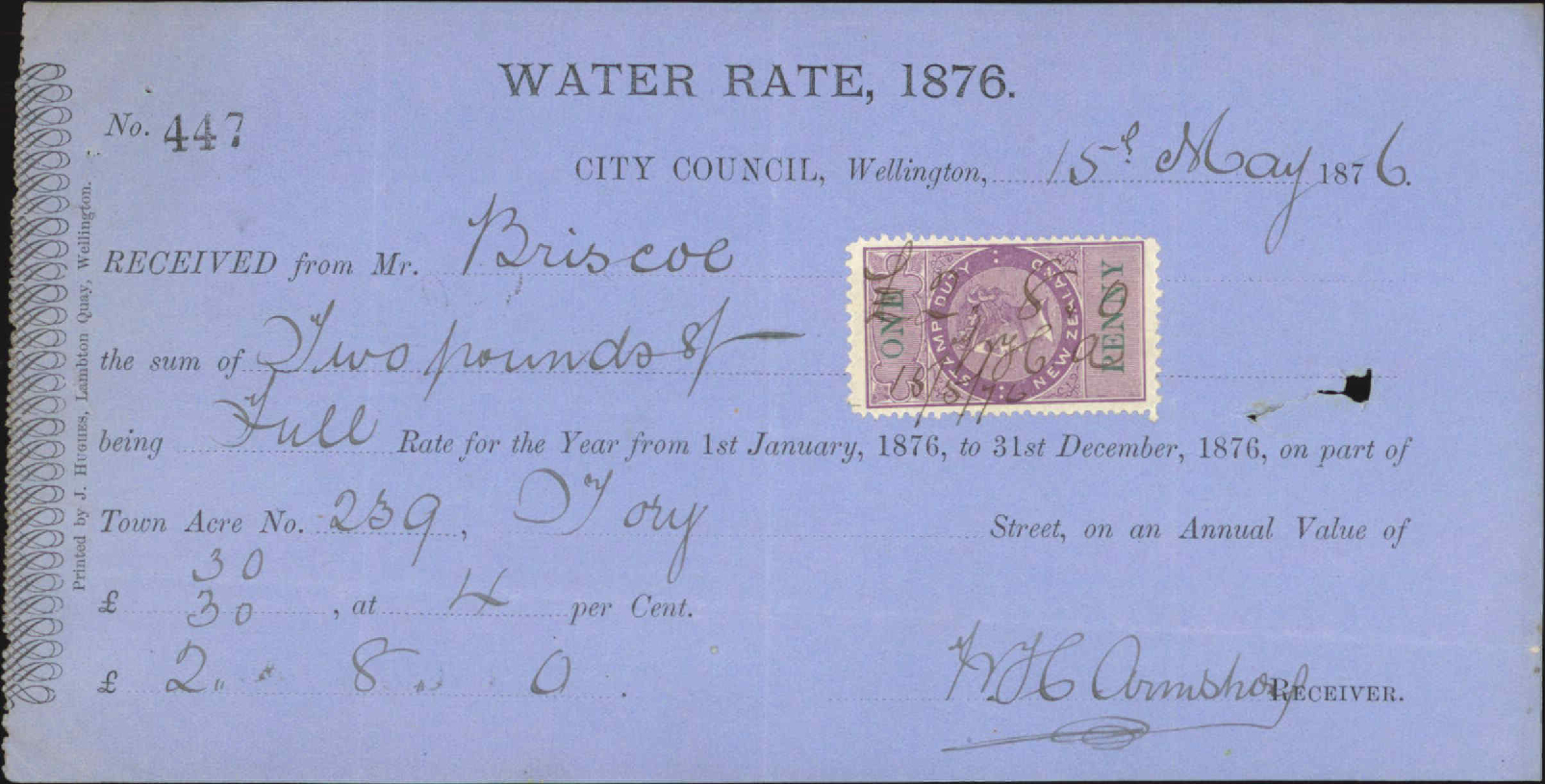 E V Briscoe, application for refund of water rates