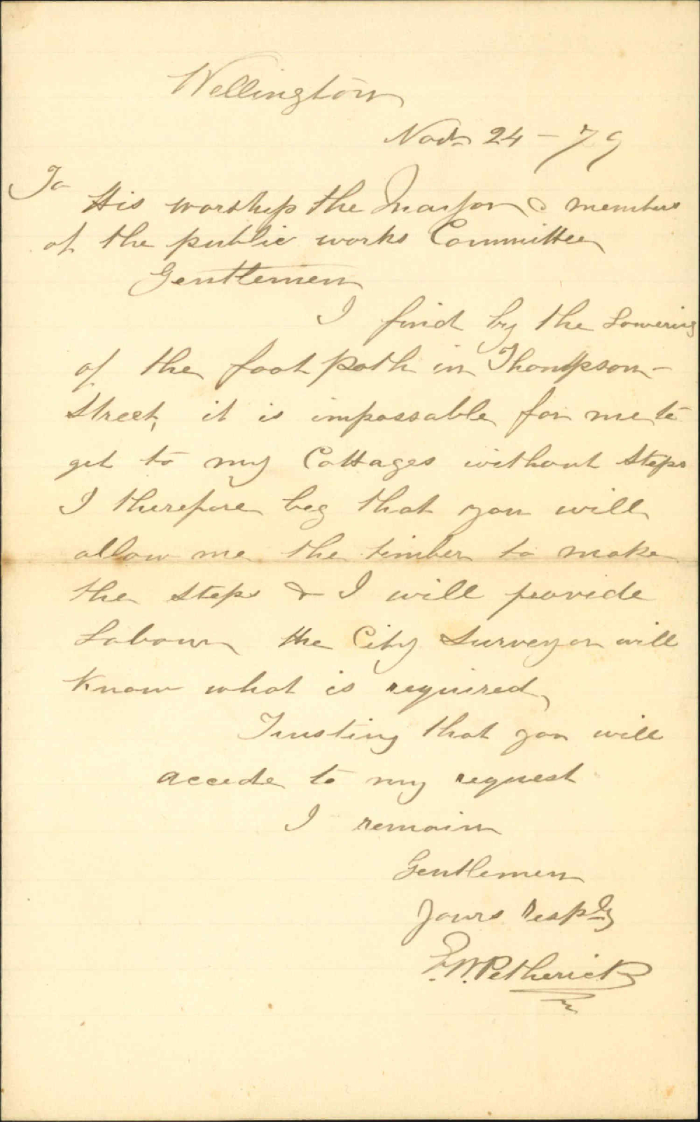 G G Vellienck, request for timber for steps in Thorndon Street after lowering of Street