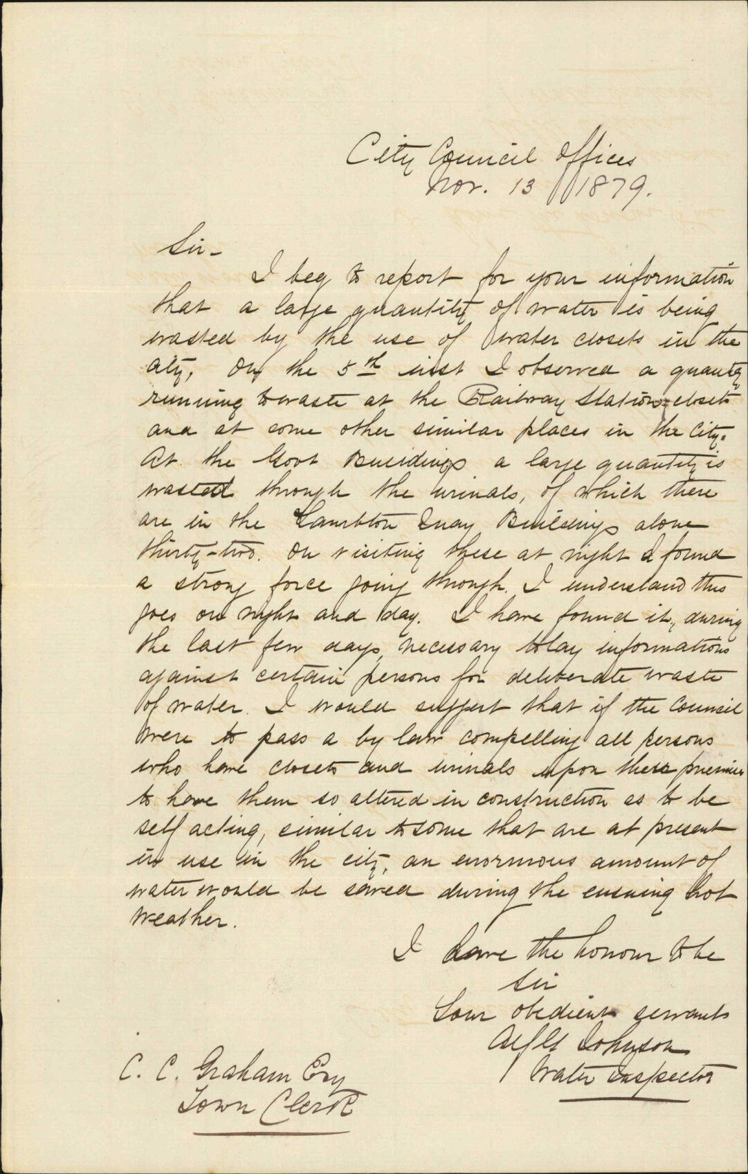 Alfred Johnson, Water Inspector, report on the waste of water